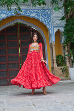 Thumbnail for Prazu Fashion Red Georgette Bandhani Print With Kutchi Patch work Navaratri Gown