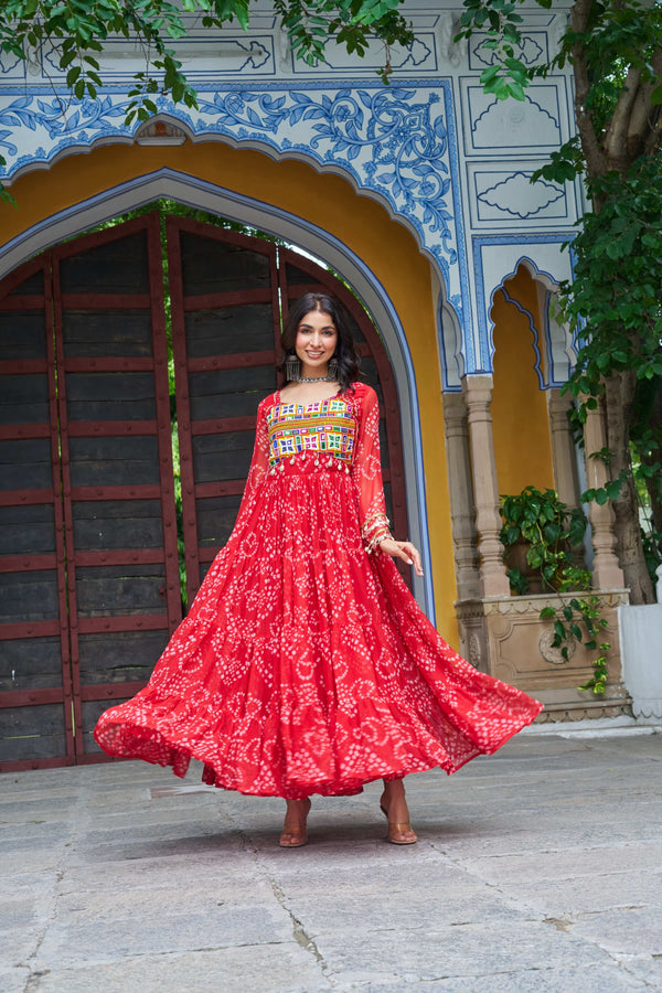 Prazu Fashion Red Georgette Bandhani Print With Kutchi Patch work Navaratri Gown