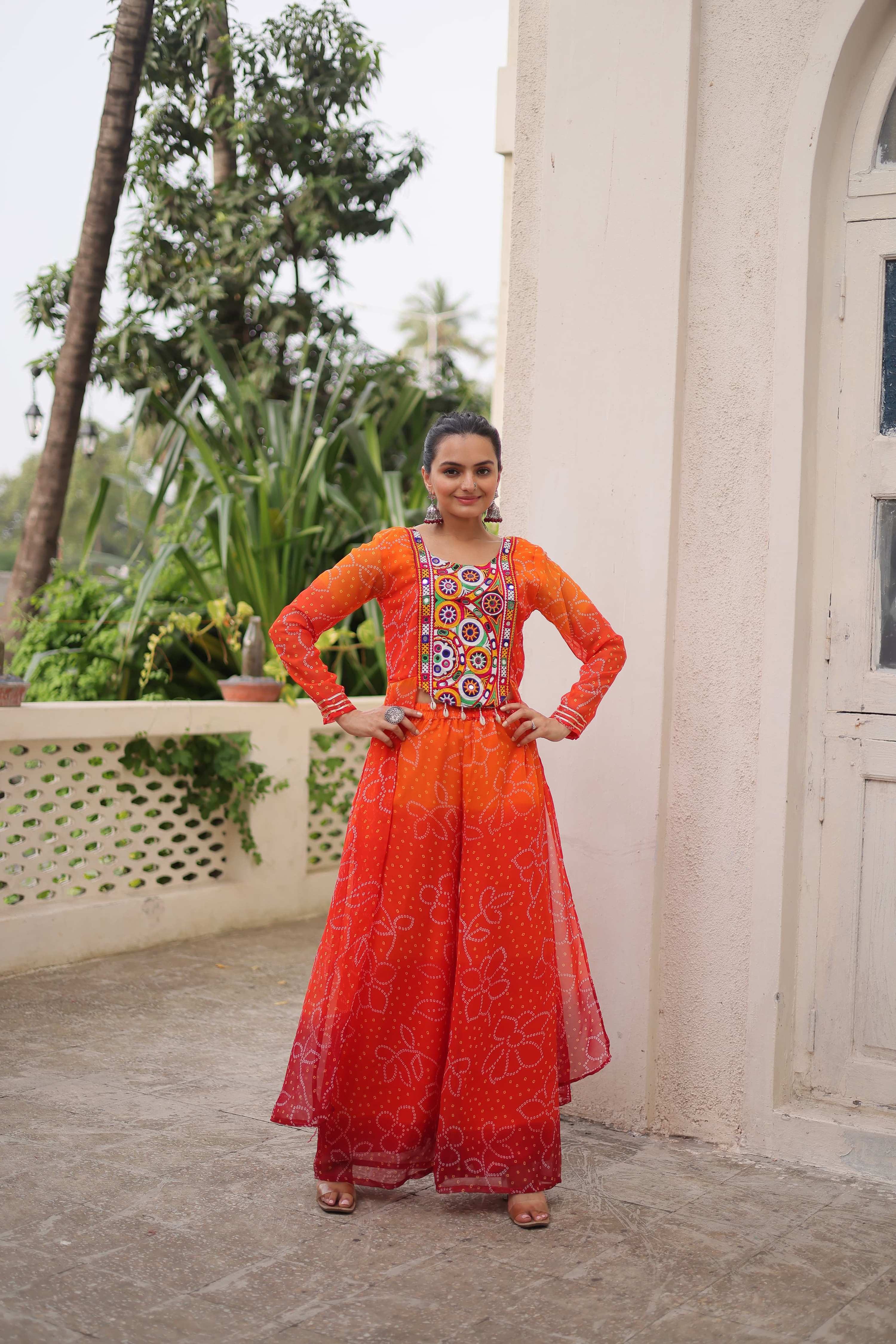 Prazu Fashion Orange Georgette Bandhani Print Gamthi Patchwork Suit For Navratri - Distacart
