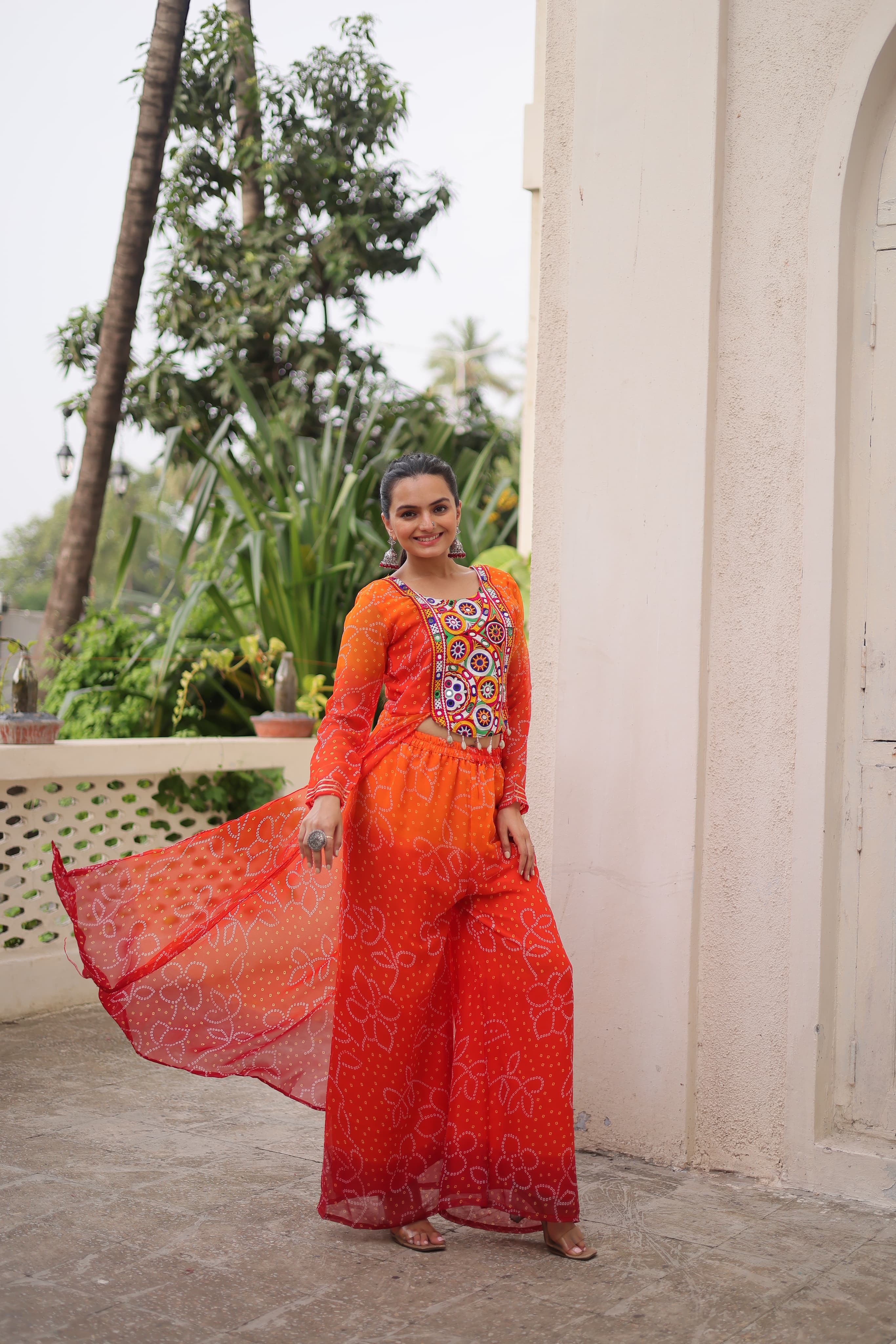 Prazu Fashion Orange Georgette Bandhani Print Gamthi Patchwork Suit For Navratri