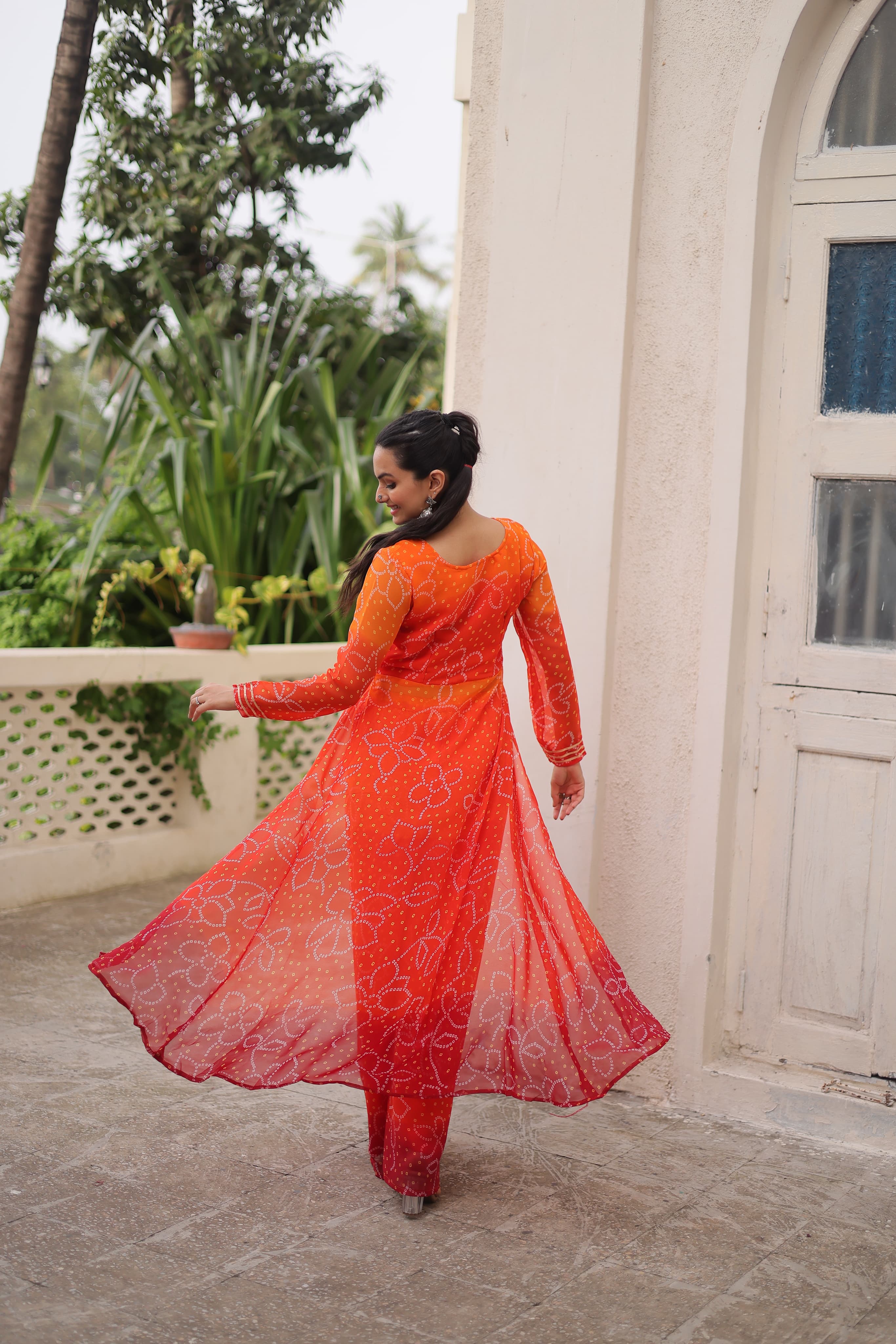 Prazu Fashion Orange Georgette Bandhani Print Gamthi Patchwork Suit For Navratri