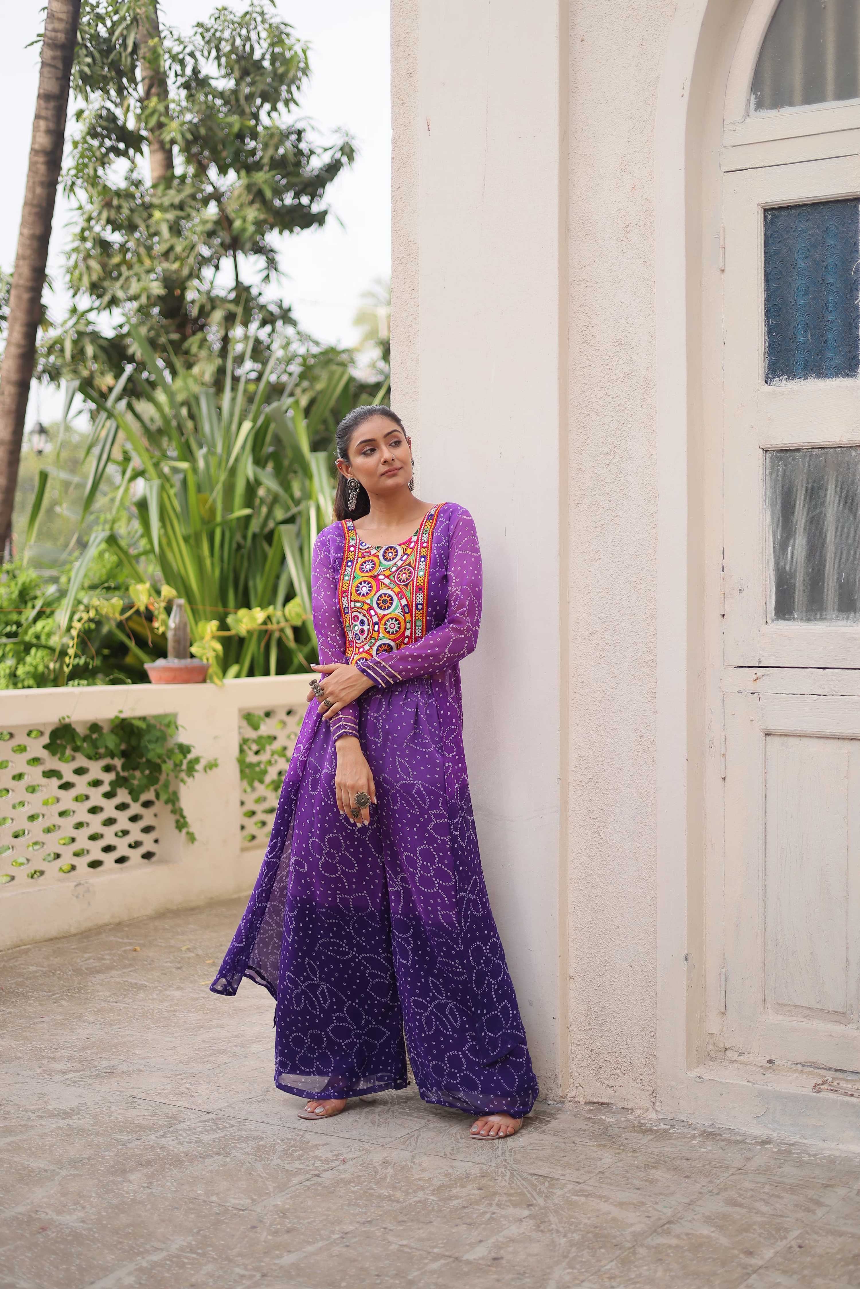 Prazu Fashion Violet Georgette Bandhani Print Gamthi Patchwork Suit For Navratri - Distacart