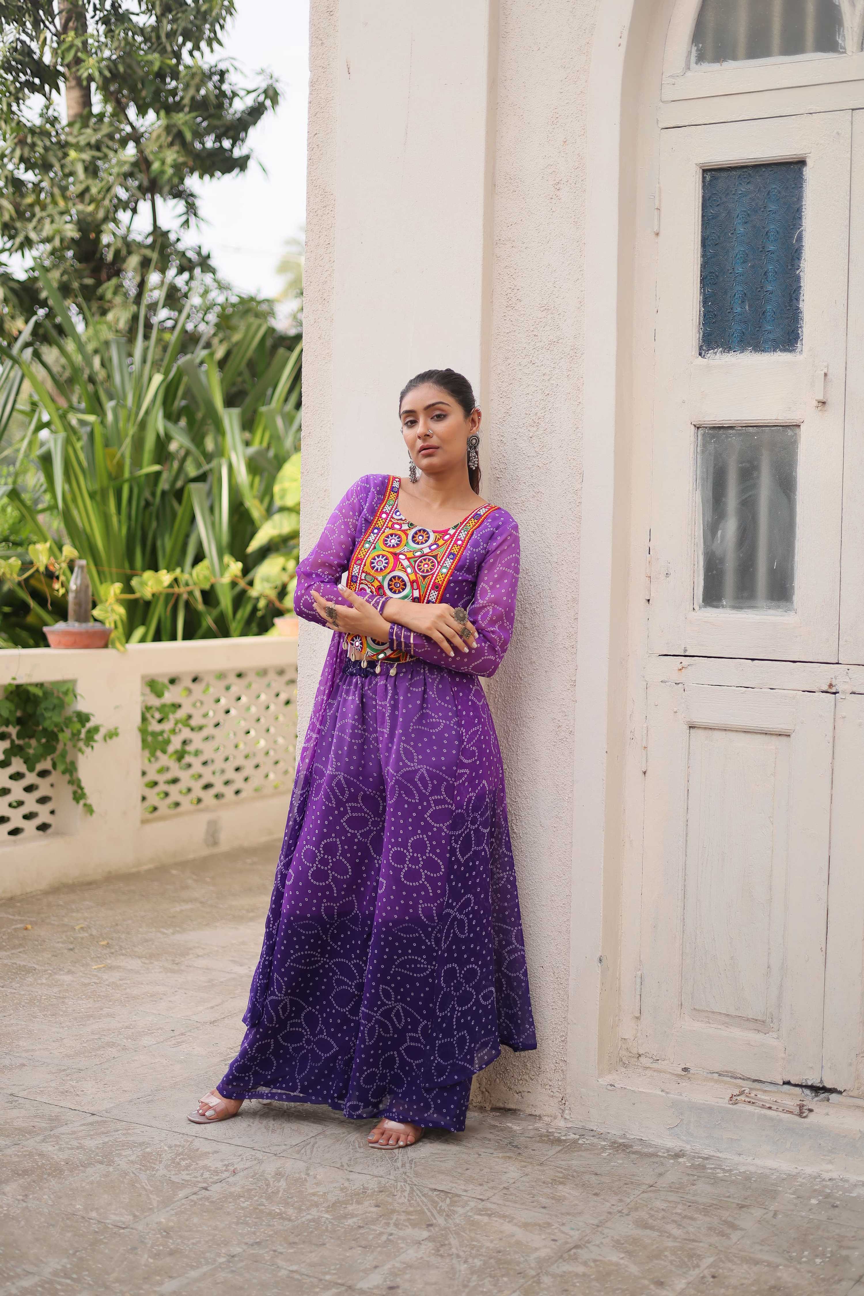 Prazu Fashion Violet Georgette Bandhani Print Gamthi Patchwork Suit For Navratri