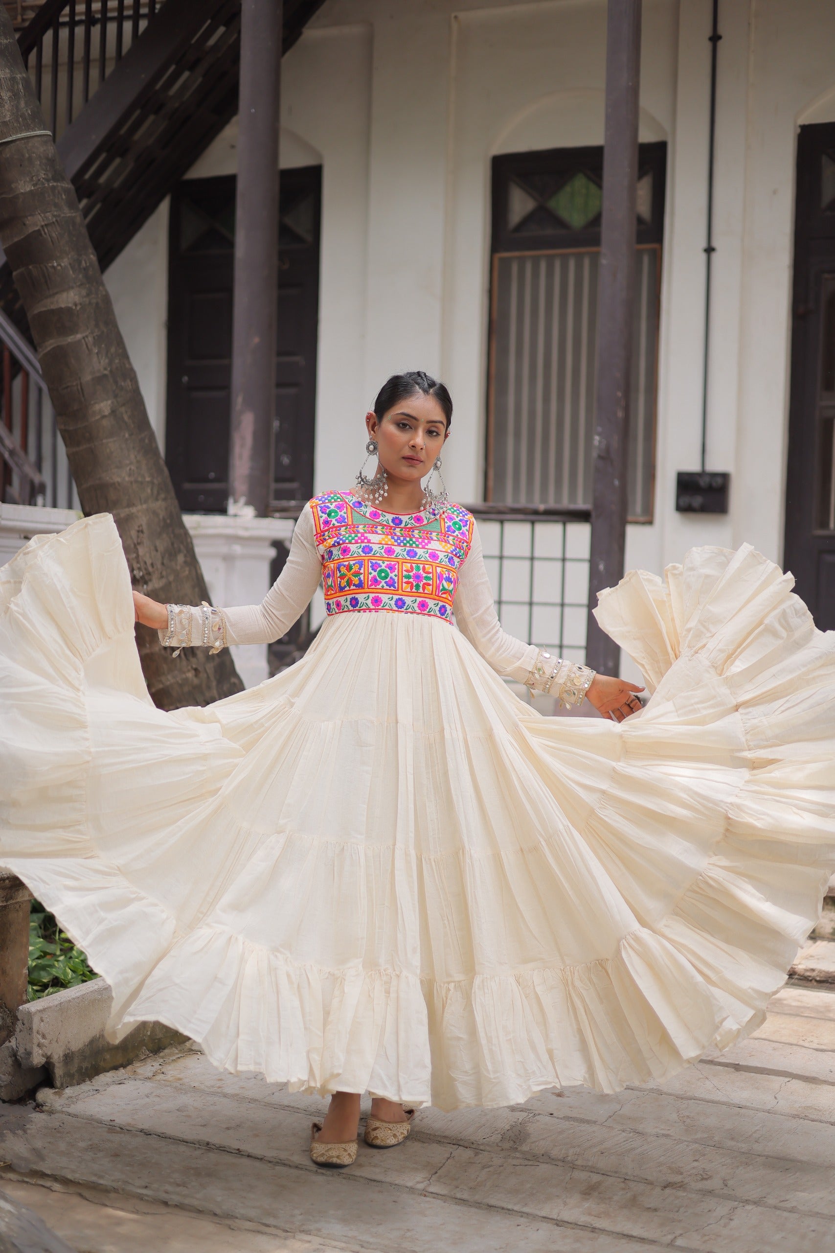 Prazu Fashion Off White Kora Cotton With Multi Thread Embroidered Gamthi Work Navratri Gown - Distacart