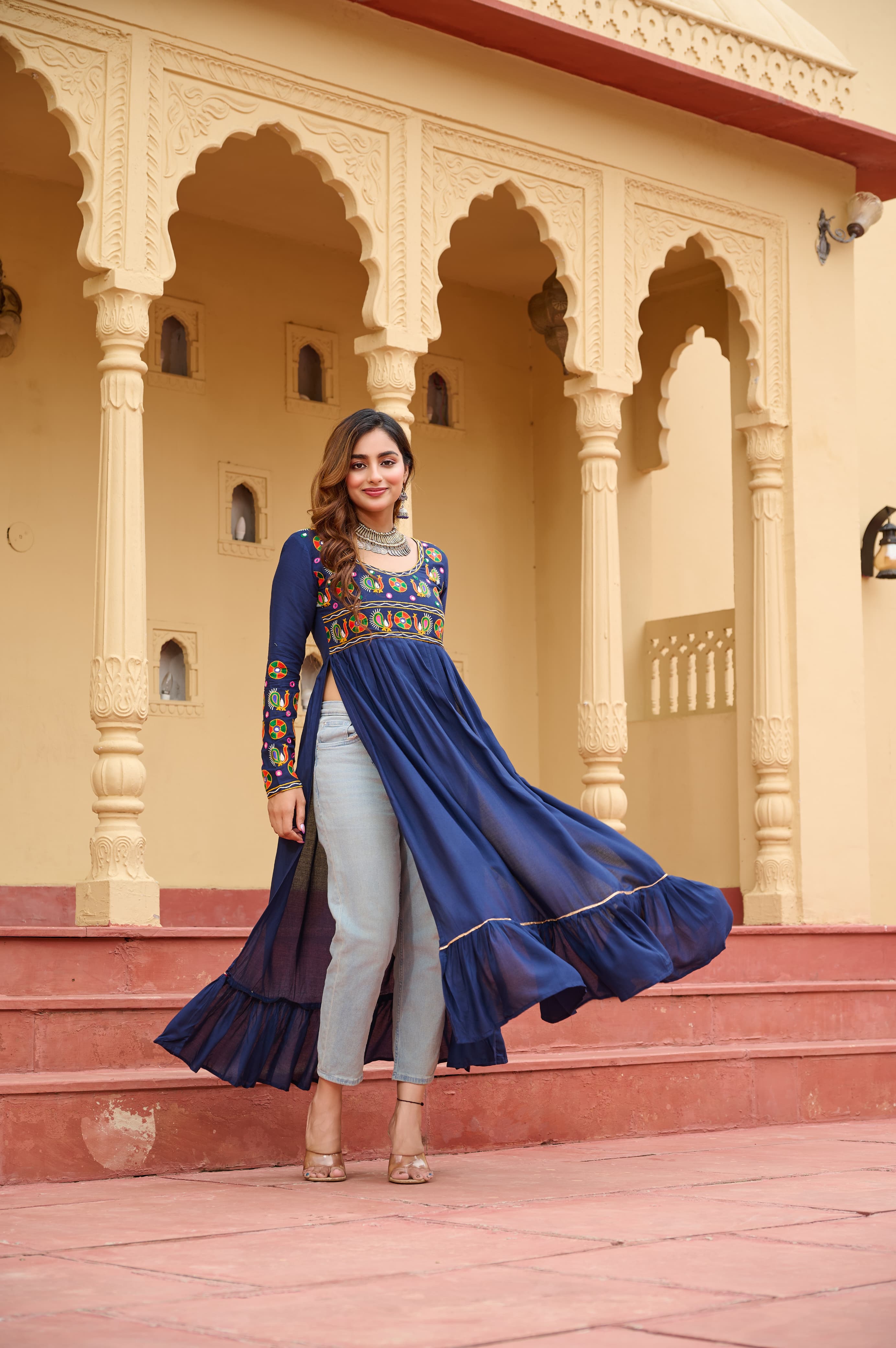 Prazu Fashion Blue Rayon With Kutchi Gamthi Work Navratri Kurti