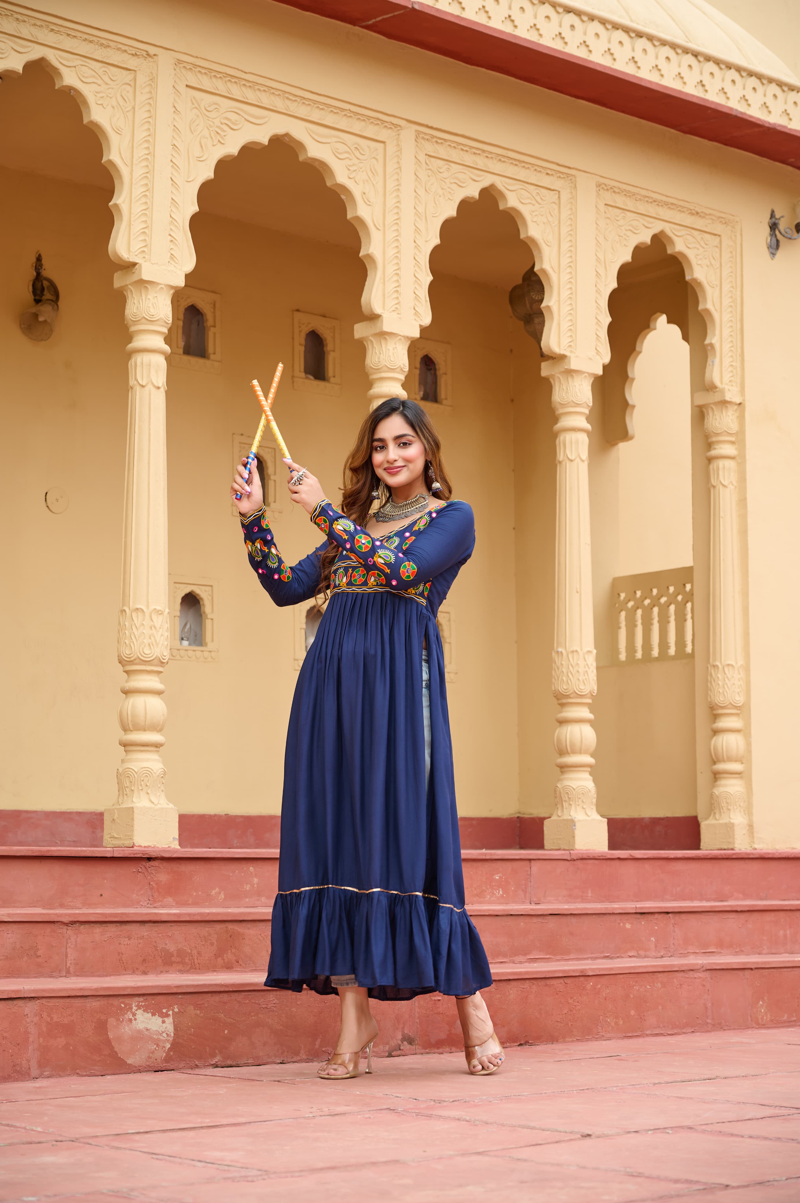 Prazu Fashion Blue Rayon With Kutchi Gamthi Work Navratri Kurti