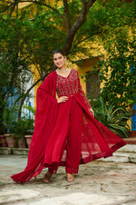 Thumbnail for Prazu Fashion Maroon Wine Georgette Multithreaded Beads Embroidered Salwar Suit