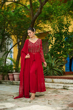 Thumbnail for Prazu Fashion Maroon Wine Georgette Multithreaded Beads Embroidered Salwar Suit