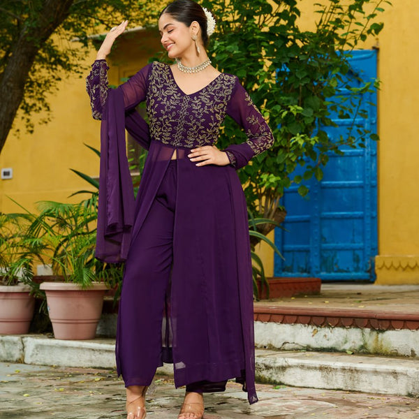 Prazu Fashion Wine Georgette Multithreaded Beads Embroidered Salwar Suit