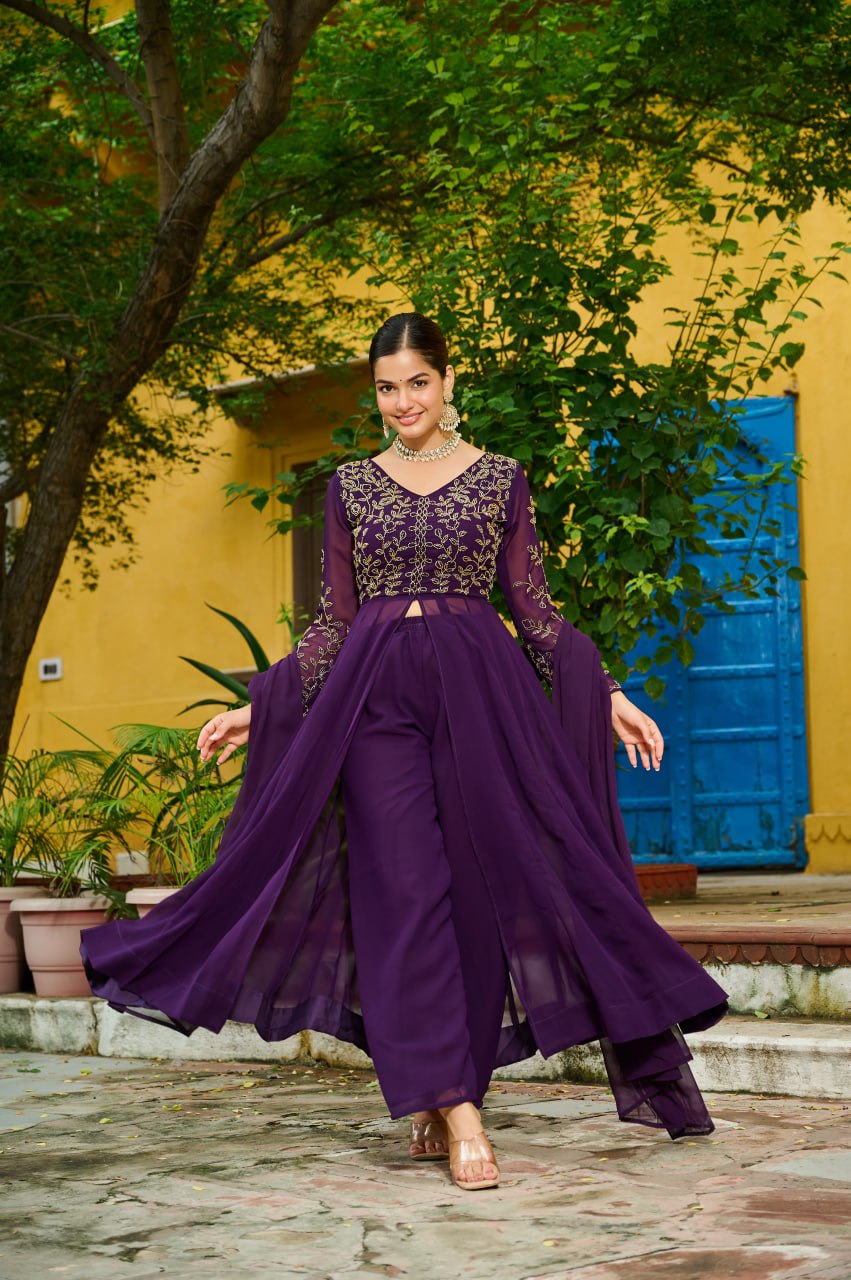 Prazu Fashion Wine Georgette Multithreaded Beads Embroidered Salwar Suit
