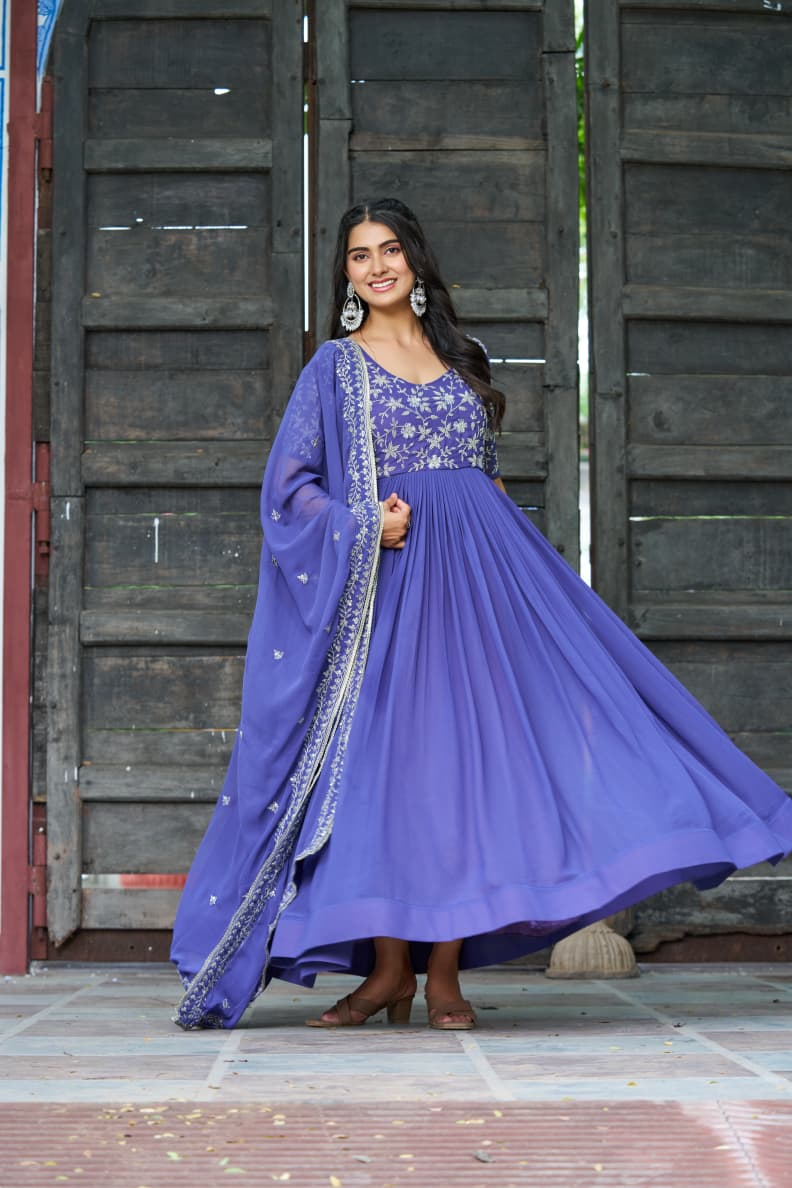 Prazu Fashion Blue Georgette Sequins Multithreaded Beads Embroidered Gown With Dupatta - Distacart