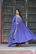 Thumbnail for Prazu Fashion Blue Georgette Sequins Multithreaded Beads Embroidered Gown With Dupatta - Distacart