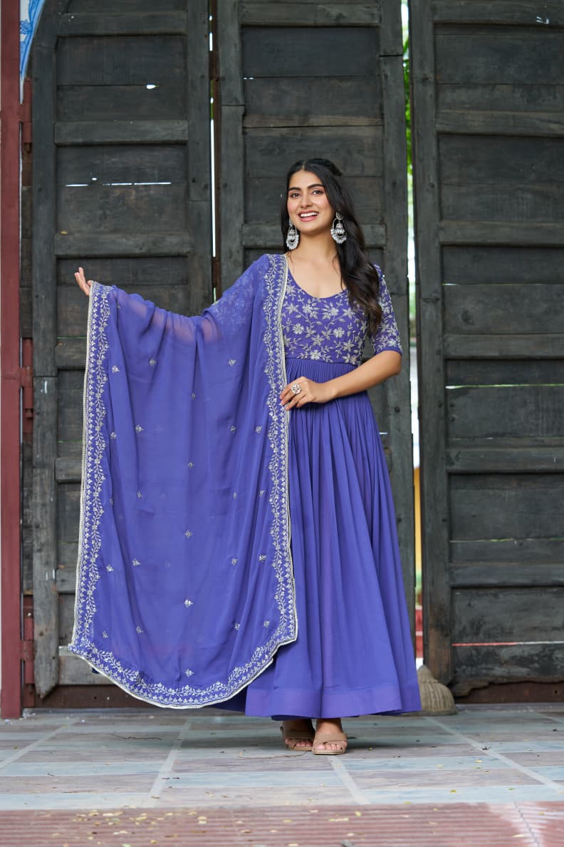 Prazu Fashion Blue Georgette Sequins Multithreaded Beads Embroidered Gown With Dupatta - Distacart