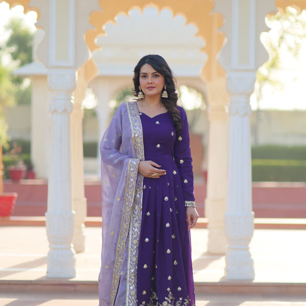 Prazu Fashion Violet Georgette With Embroidery Zari Sequins-Work Gown