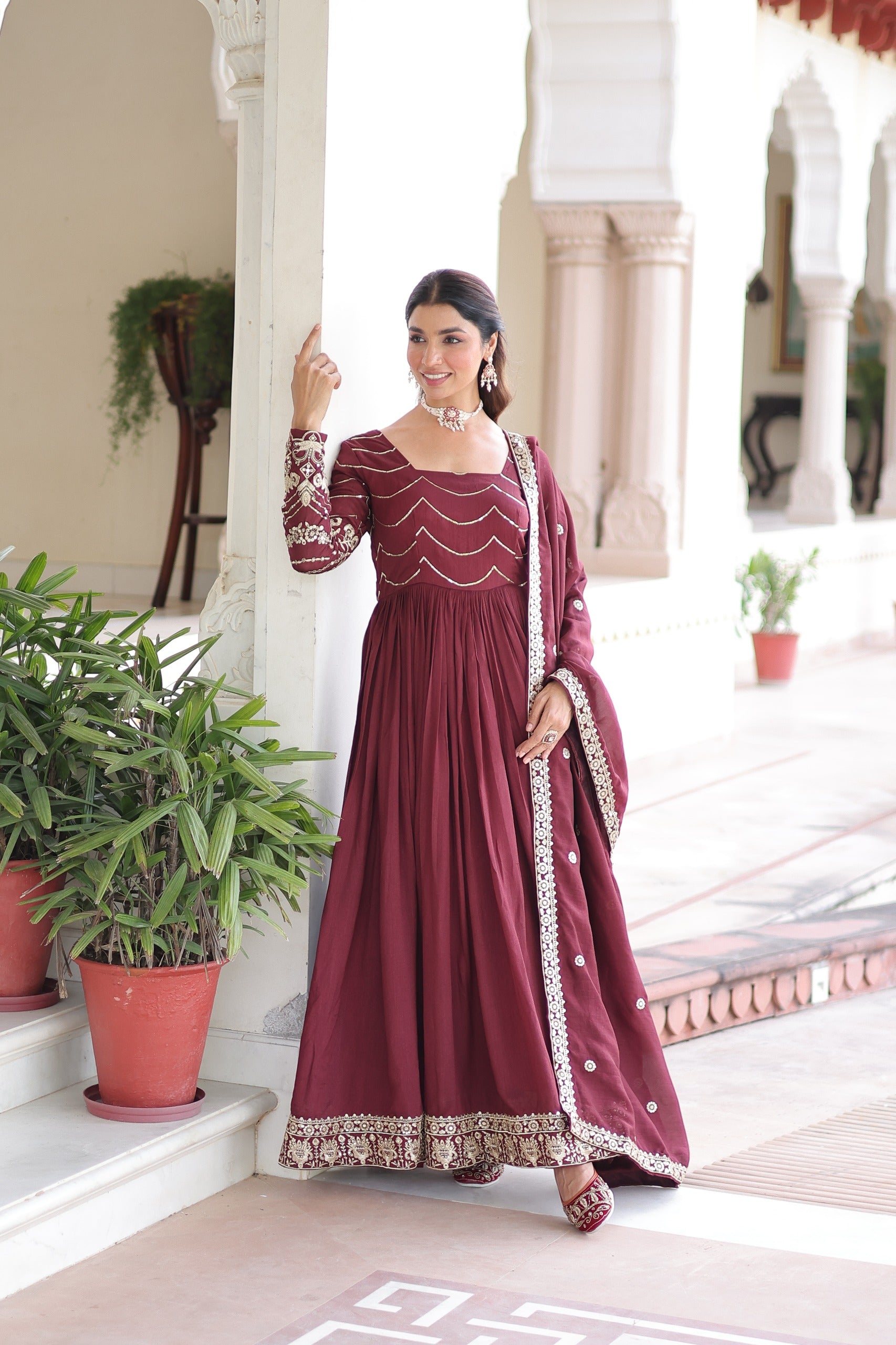 Prazu Fashion Brown Vichitra Silk Rich Sequins Embroidered Work Gown With Dupatta - Distacart