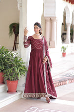 Thumbnail for Prazu Fashion Brown Vichitra Silk Rich Sequins Embroidered Work Gown With Dupatta - Distacart