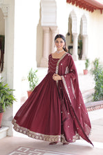 Thumbnail for Prazu Fashion Brown Vichitra Silk Rich Sequins Embroidered Work Gown With Dupatta - Distacart
