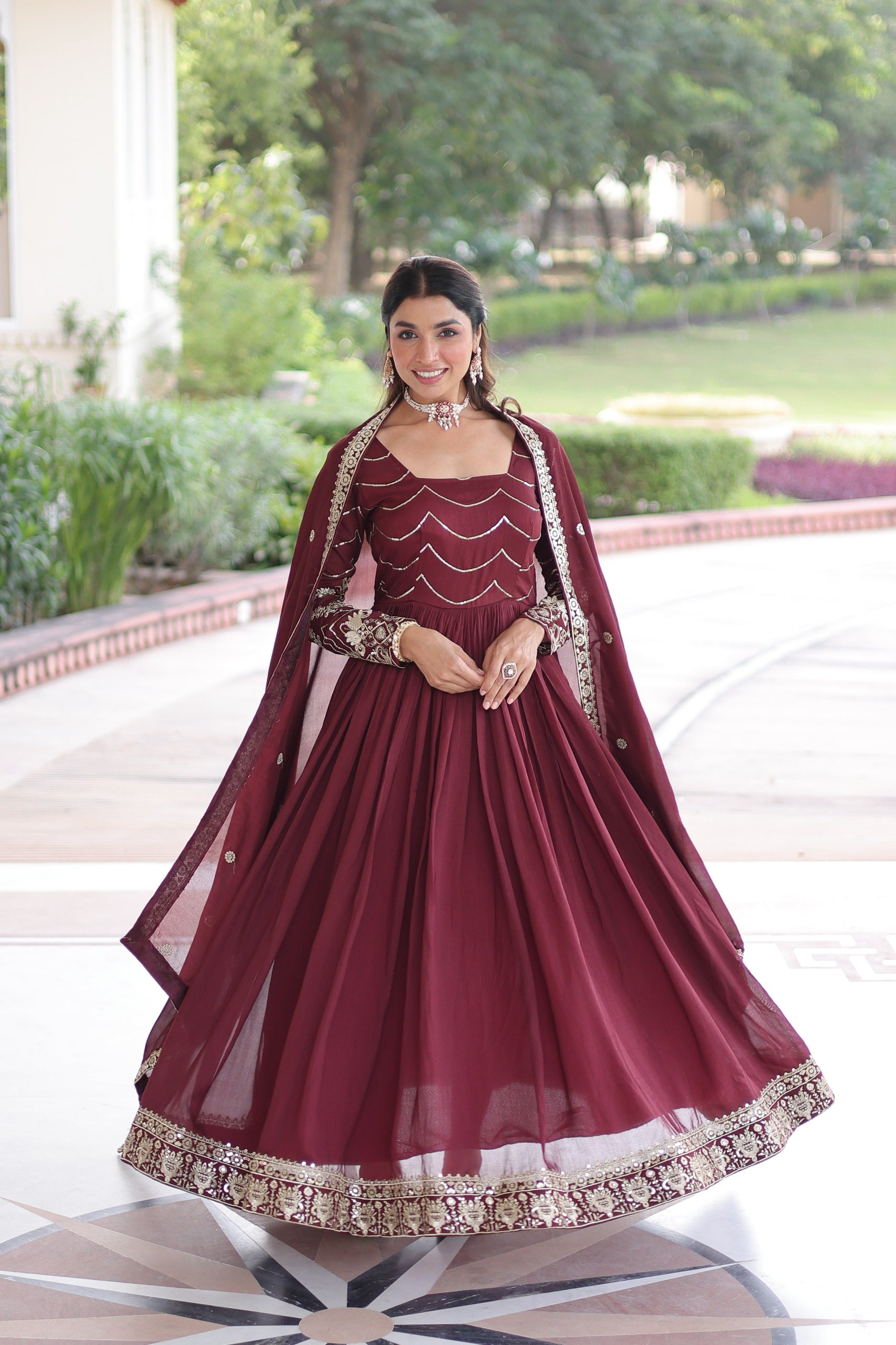 Prazu Fashion Brown Vichitra Silk Rich Sequins Embroidered Work Gown With Dupatta - Distacart