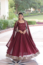 Thumbnail for Prazu Fashion Brown Vichitra Silk Rich Sequins Embroidered Work Gown With Dupatta - Distacart