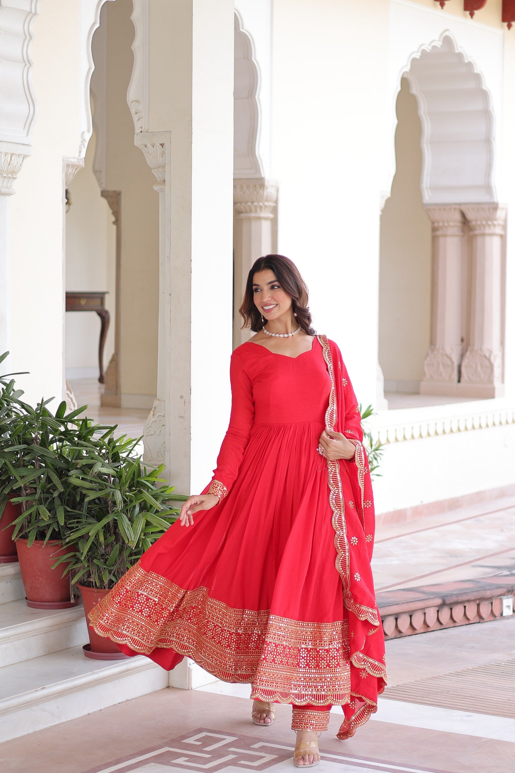 Prazu Fashion Red Vichitra Silk With Rich Sequins Embroidered Work Anarkali Suit