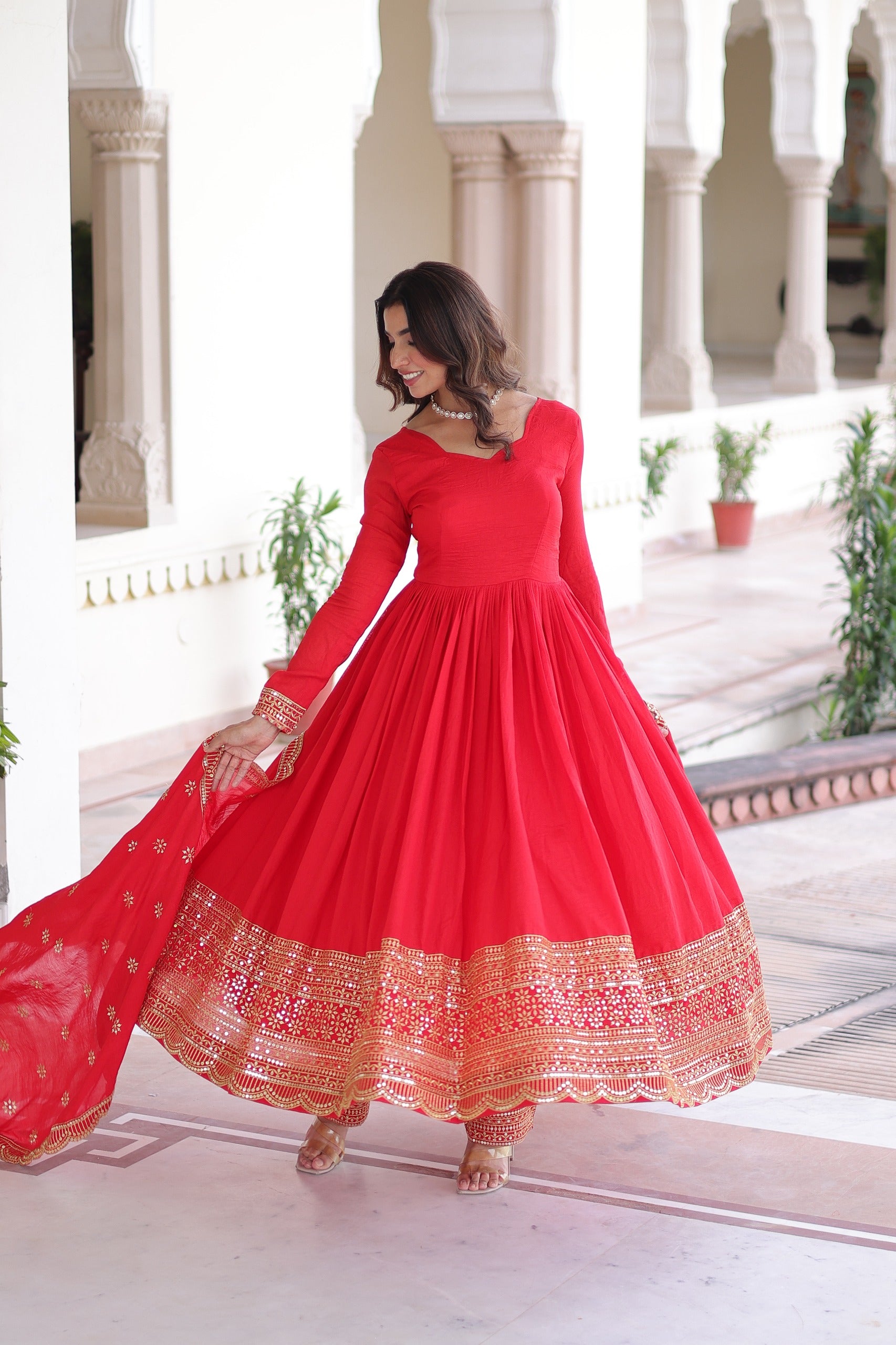 Prazu Fashion Red Vichitra Silk With Rich Sequins Embroidered Work Anarkali Suit