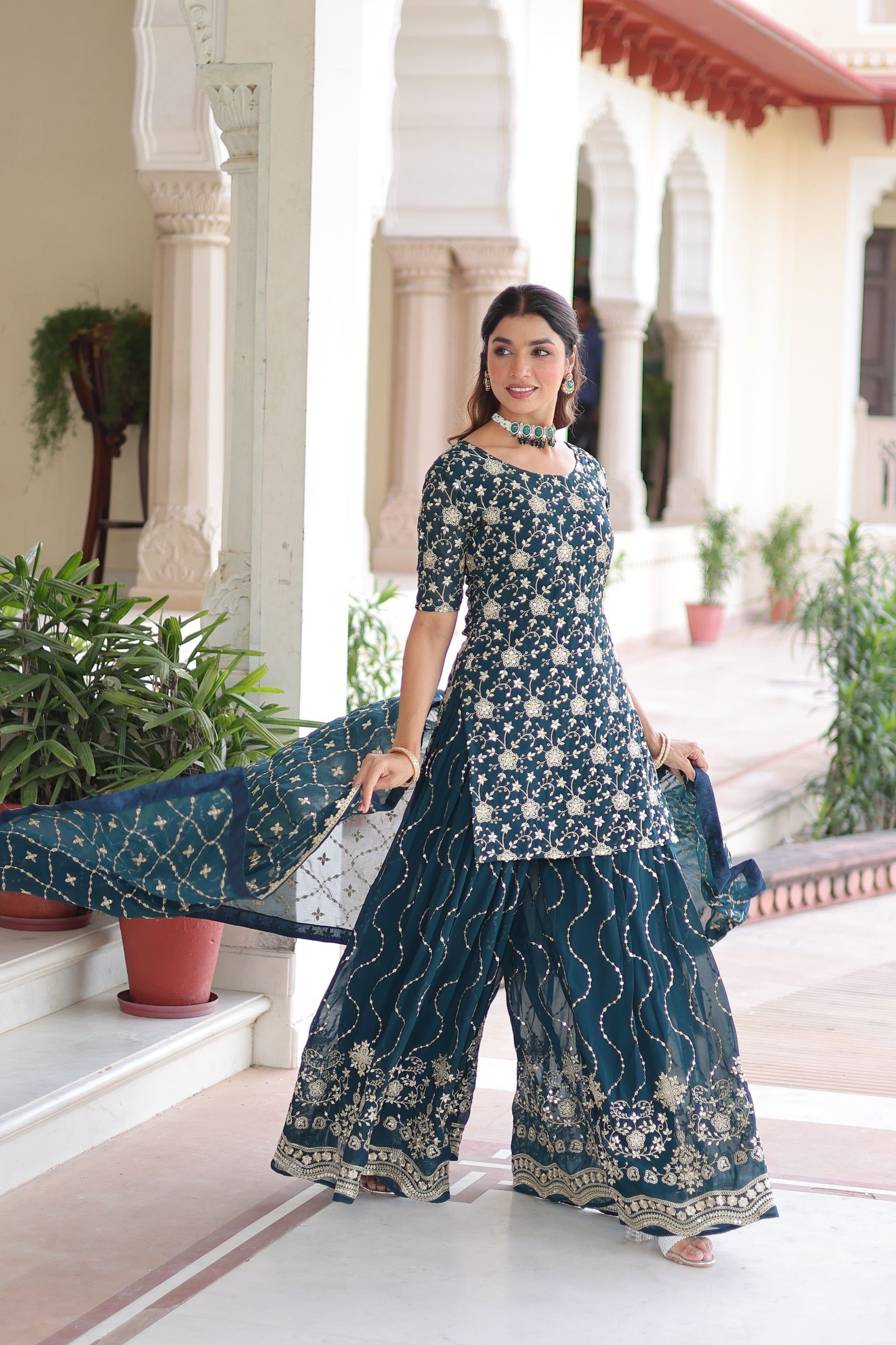 Prazu Fashion Blue Georgette With Rich Sequins Embroidered Work Sharara Suit