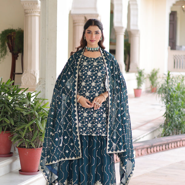 Prazu Fashion Blue Georgette With Rich Sequins Embroidered Work Sharara Suit