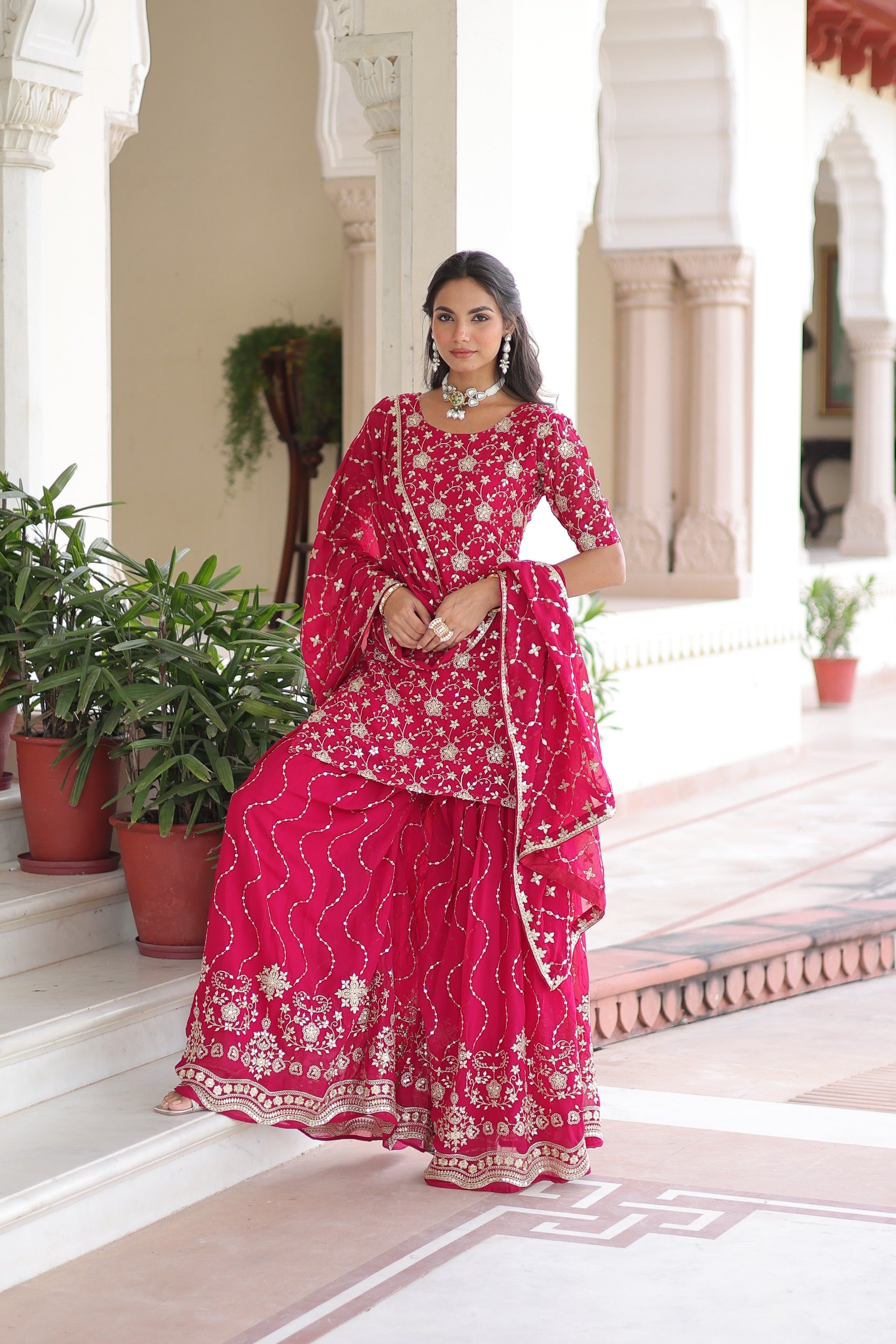Prazu Fashion Pink Georgette With Rich Sequins Embroidered Work Sharara Suit