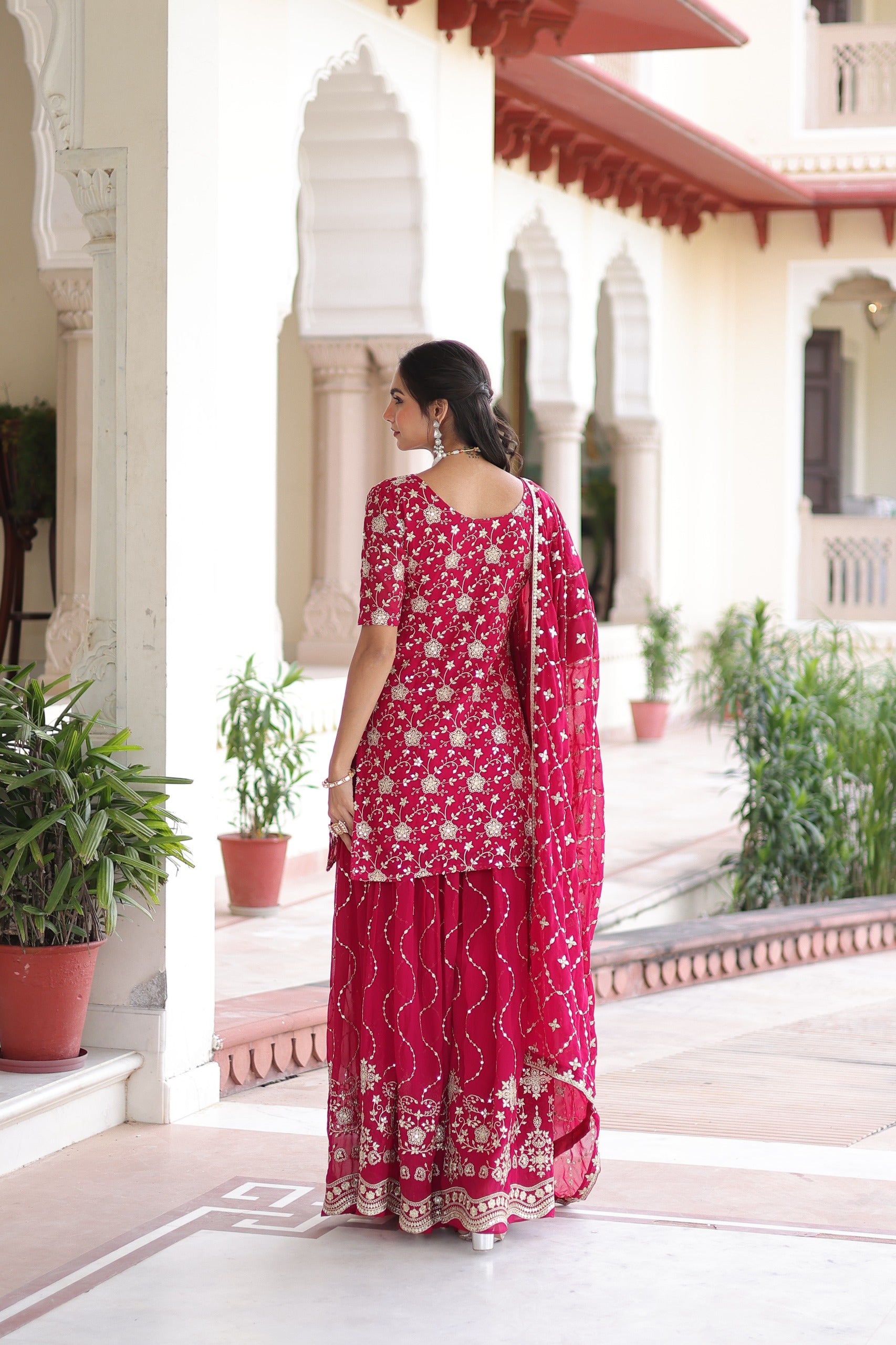 Prazu Fashion Pink Georgette With Rich Sequins Embroidered Work Sharara Suit