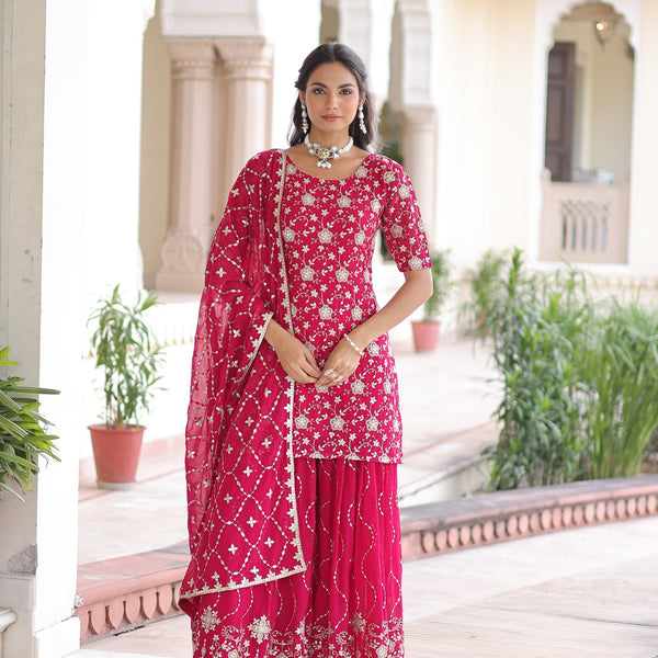 Prazu Fashion Pink Georgette With Rich Sequins Embroidered Work Sharara Suit