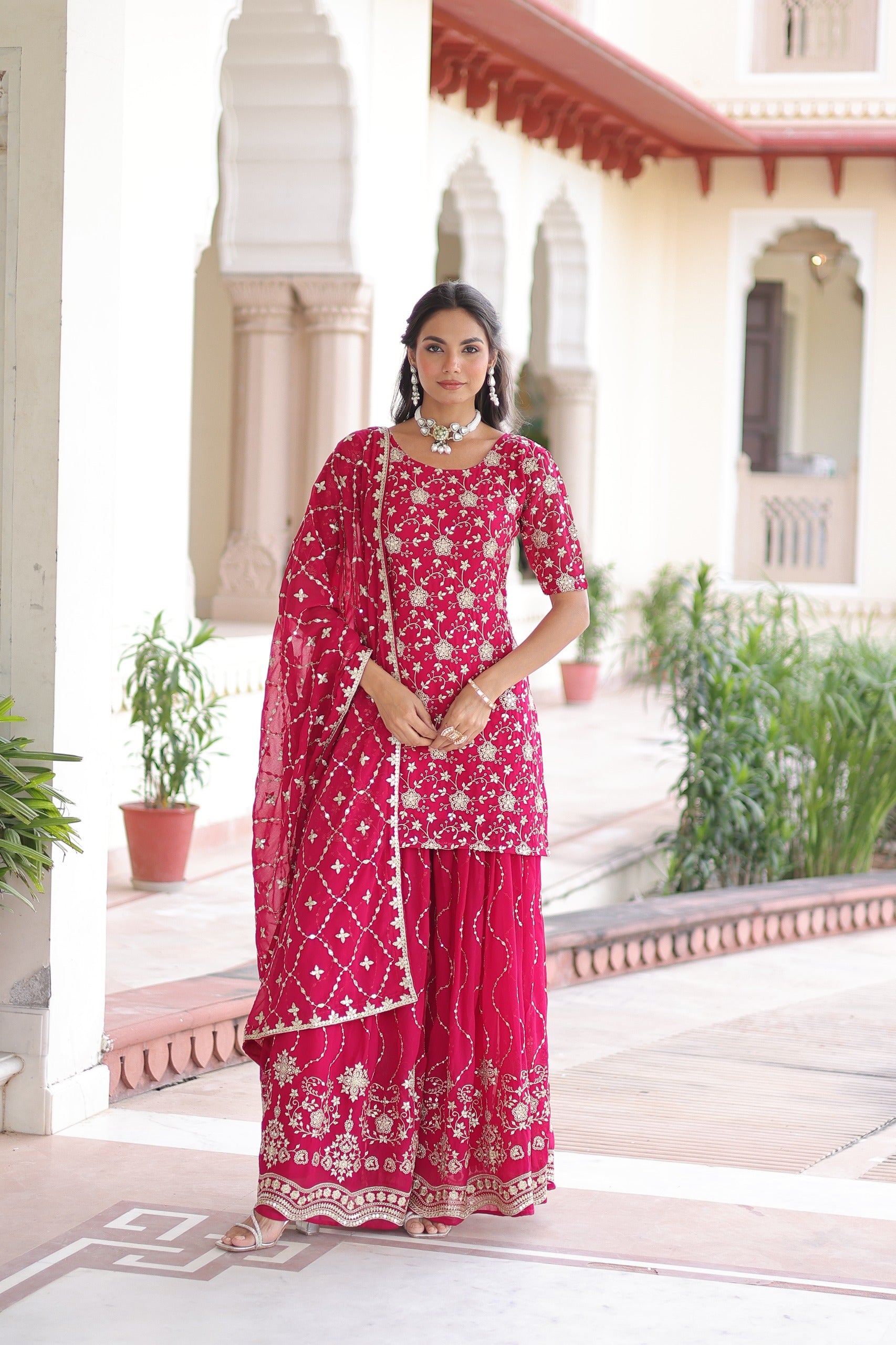 Prazu Fashion Pink Georgette With Rich Sequins Embroidered Work Sharara Suit - Distacart