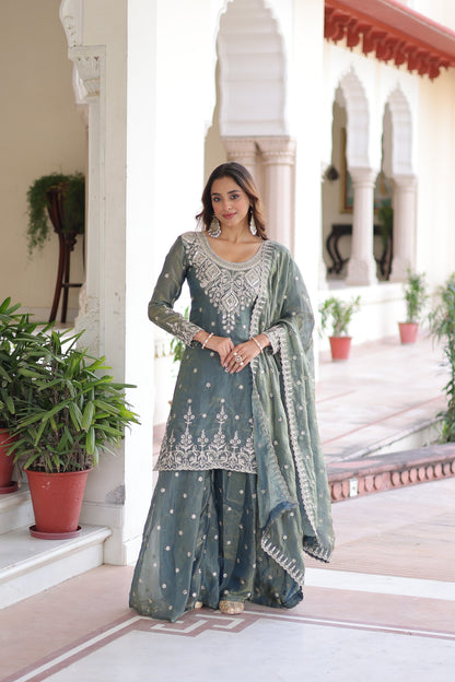 Prazu Fashion Light Grey Fendi Silk Coding Sequins Embroidered Work Sharara Suit - Distacart