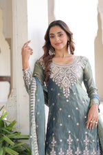 Thumbnail for Prazu Fashion Light Grey Fendi Silk Coding Sequins Embroidered Work Sharara Suit