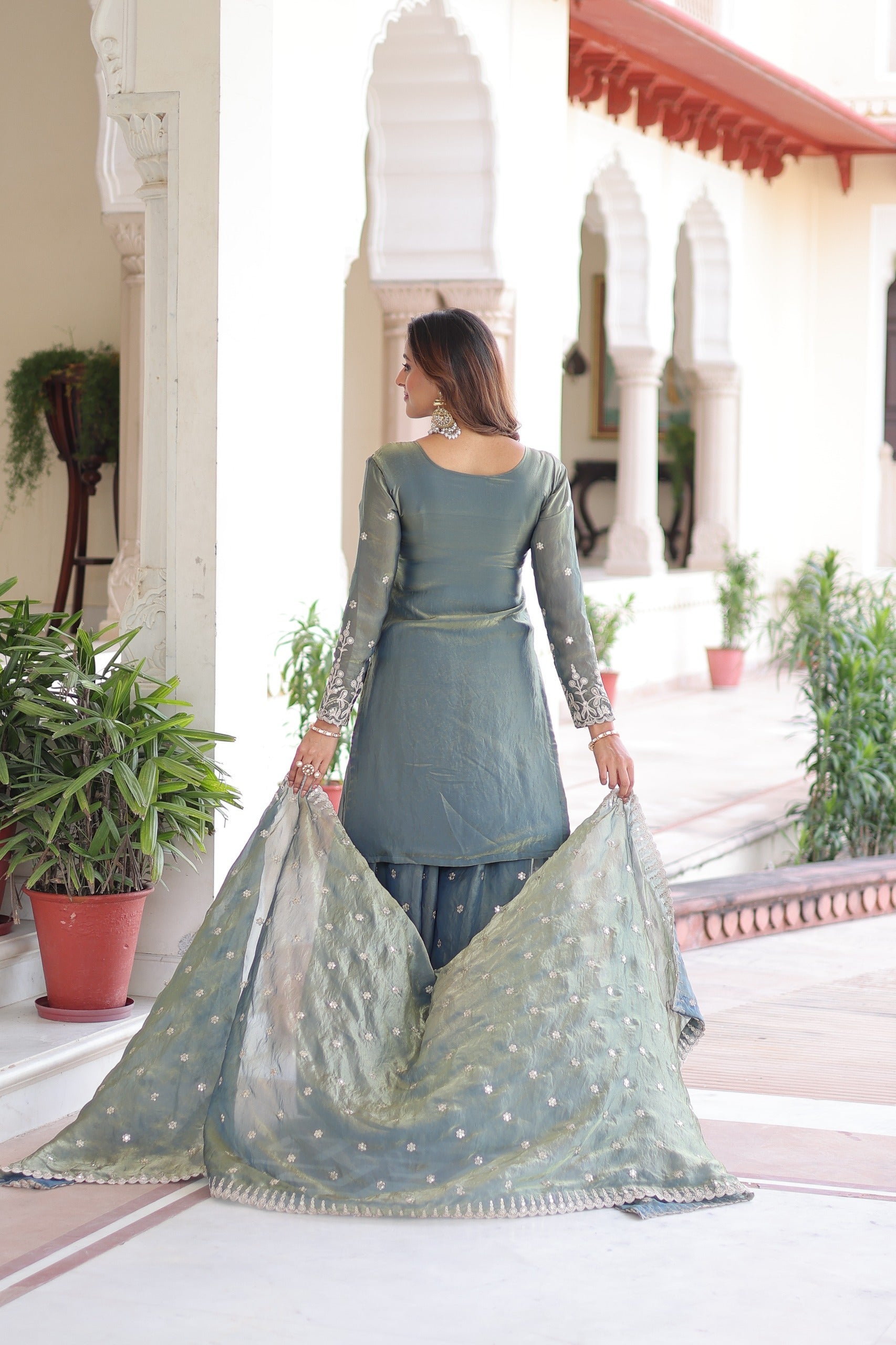 Prazu Fashion Light Grey Fendi Silk Coding Sequins Embroidered Work Sharara Suit - Distacart