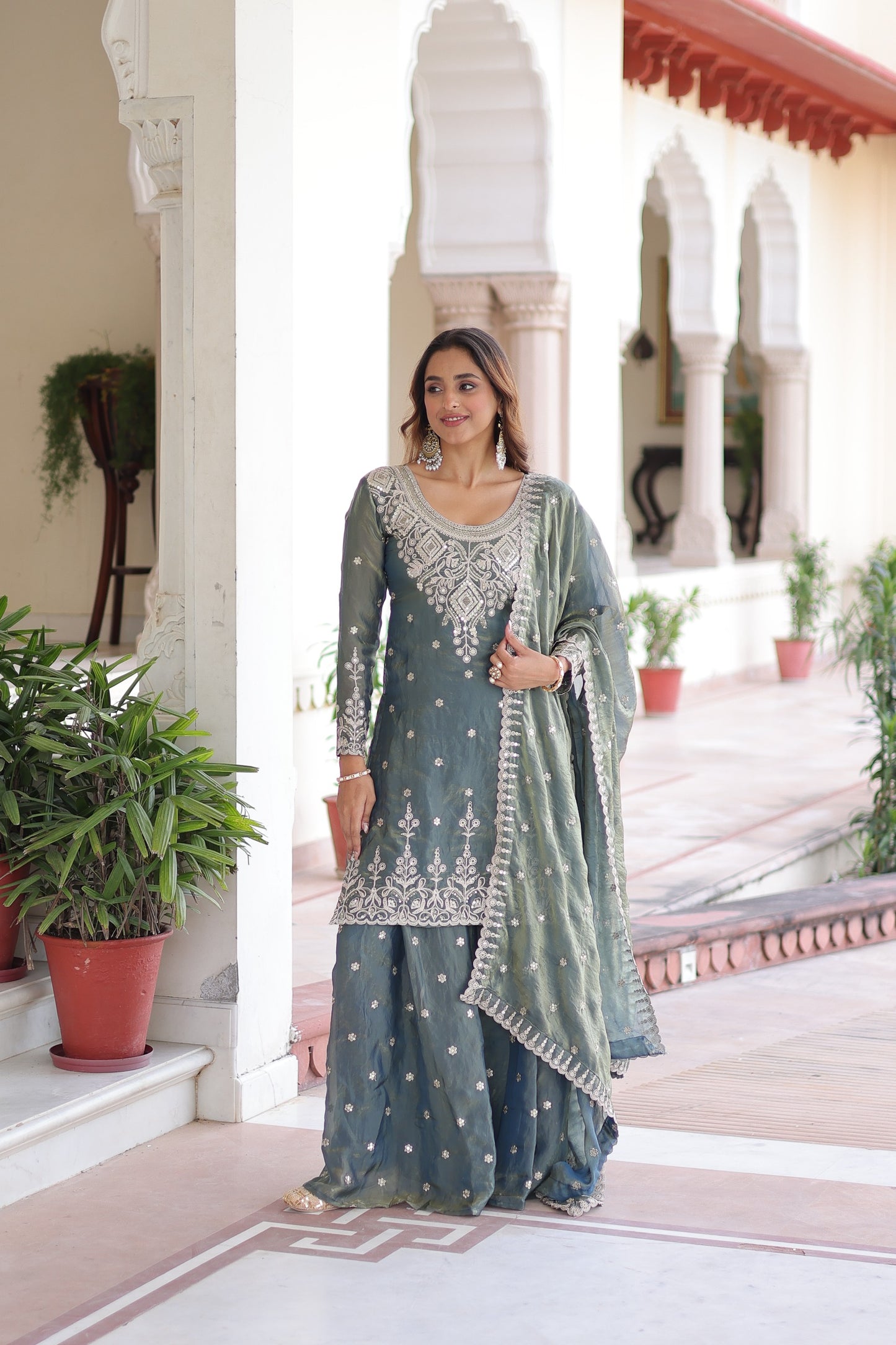 Prazu Fashion Light Grey Fendi Silk Coding Sequins Embroidered Work Sharara Suit - Distacart