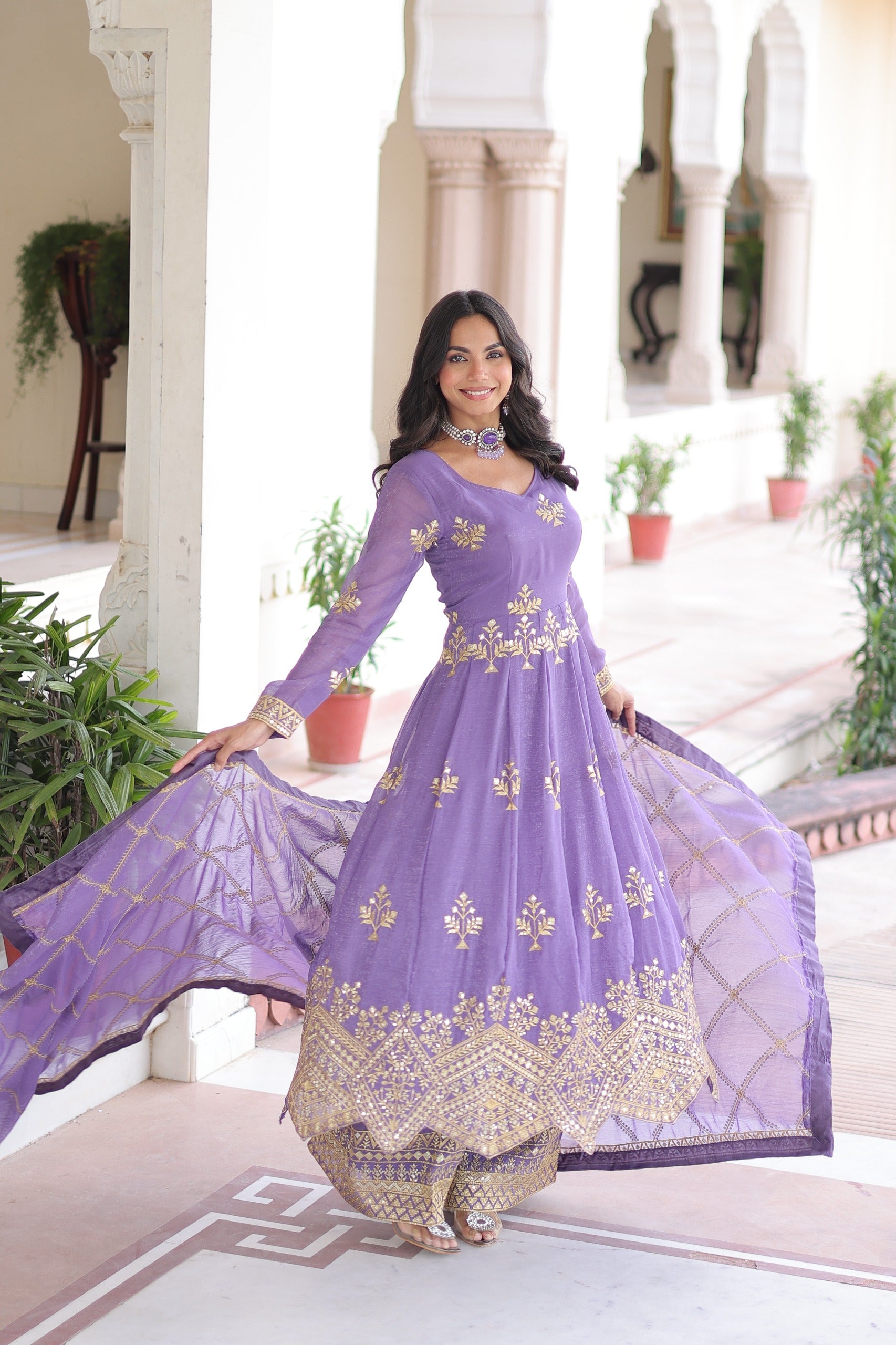 Prazu Fashion Lavender Silver Crunchy Rich Sequins Embroidered Palazzo Suit - Distacart