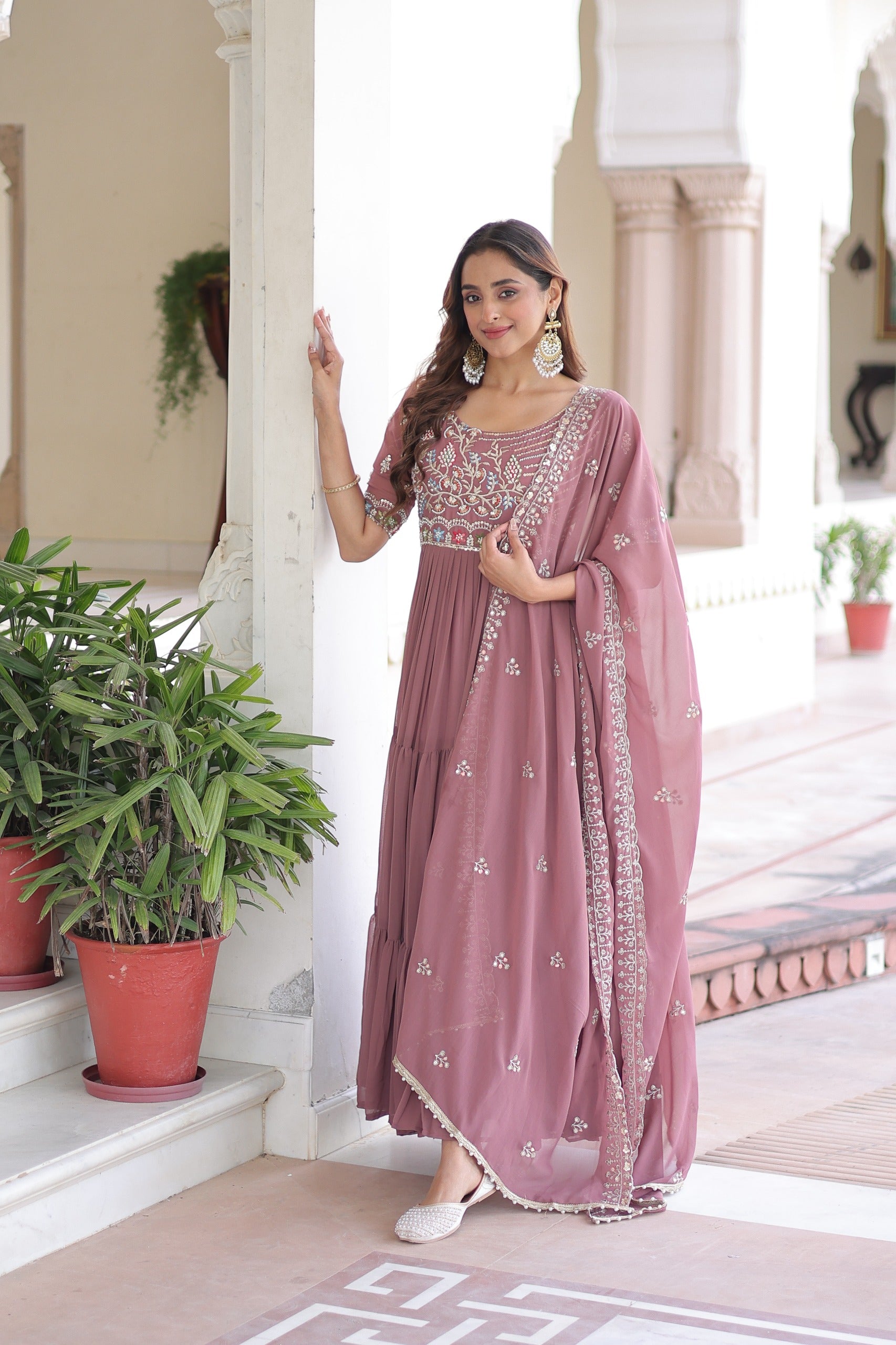 Prazu Fashion Onion Pink Georgette Sequins Multithreaded Beads Gown With Dupatta - Distacart