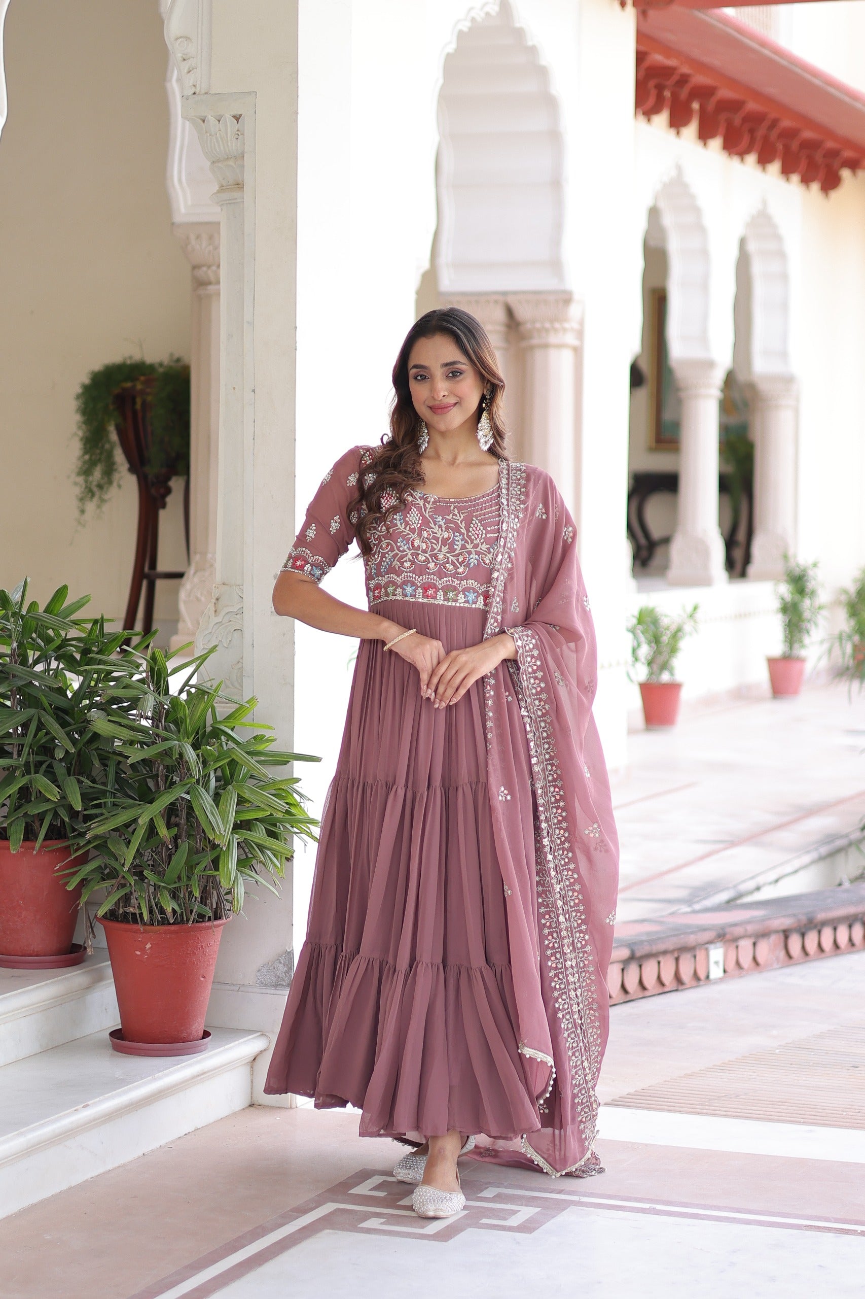 Prazu Fashion Onion Pink Georgette Sequins Multithreaded Beads Gown With Dupatta - Distacart