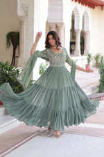 Thumbnail for Prazu Fashion Sea Green Georgette Sequins Multithreaded Beads Gown With Dupatta - Distacart