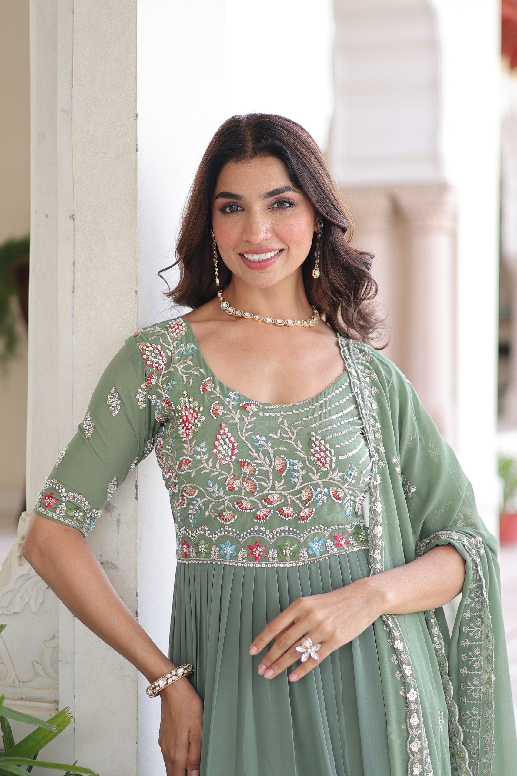 Prazu Fashion Sea Green Georgette Sequins Multithreaded Beads Gown With Dupatta - Distacart