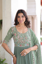 Thumbnail for Prazu Fashion Sea Green Georgette Sequins Multithreaded Beads Gown With Dupatta - Distacart