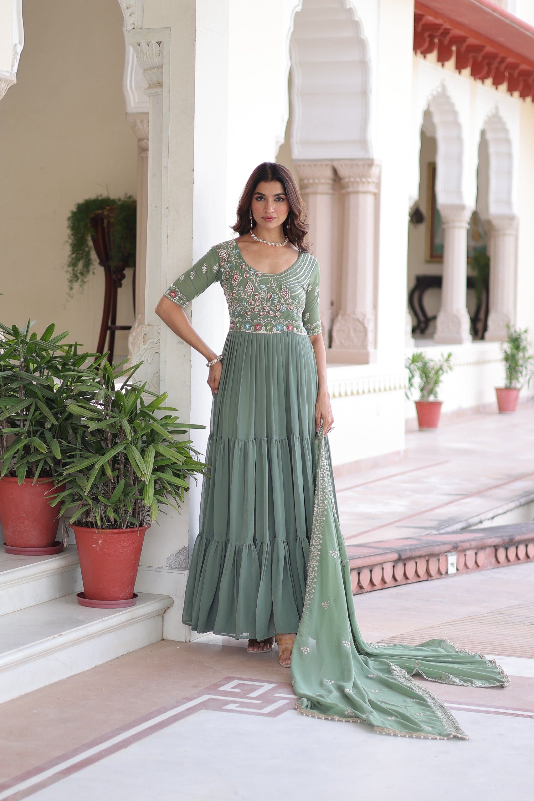 Prazu Fashion Sea Green Georgette Sequins Multithreaded Beads Gown With Dupatta - Distacart