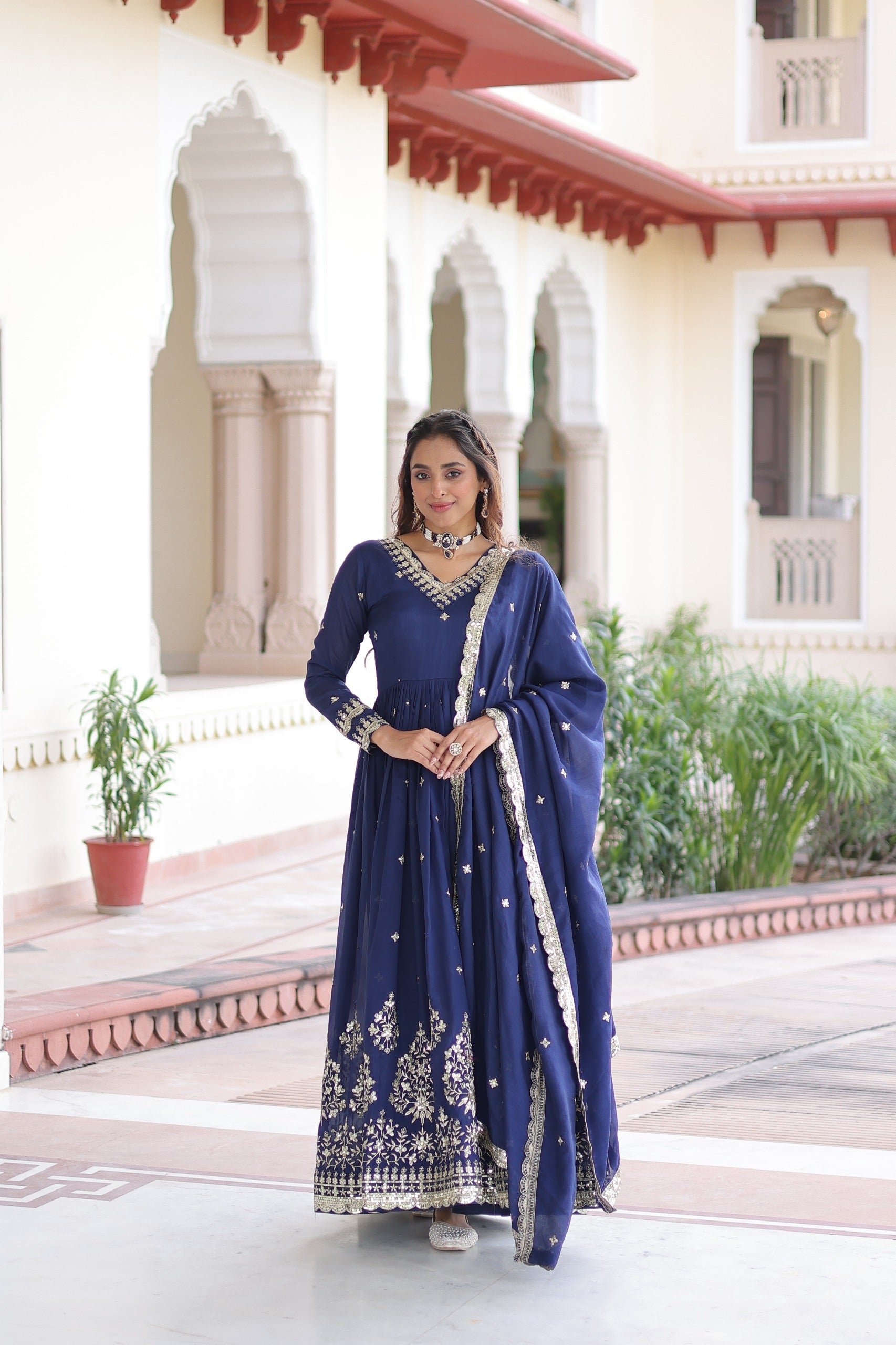 Prazu Fashion Blue Vichitra Silk Rich Sequins Embroidered Work Gown With Dupatta