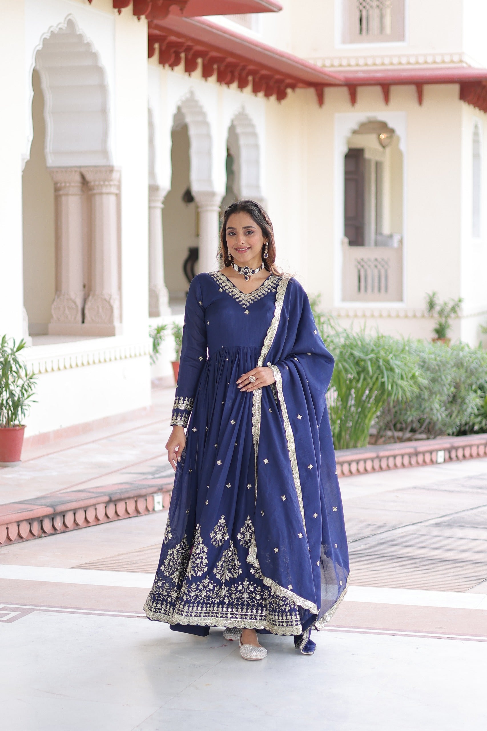 Prazu Fashion Blue Vichitra Silk Rich Sequins Embroidered Work Gown With Dupatta - Distacart