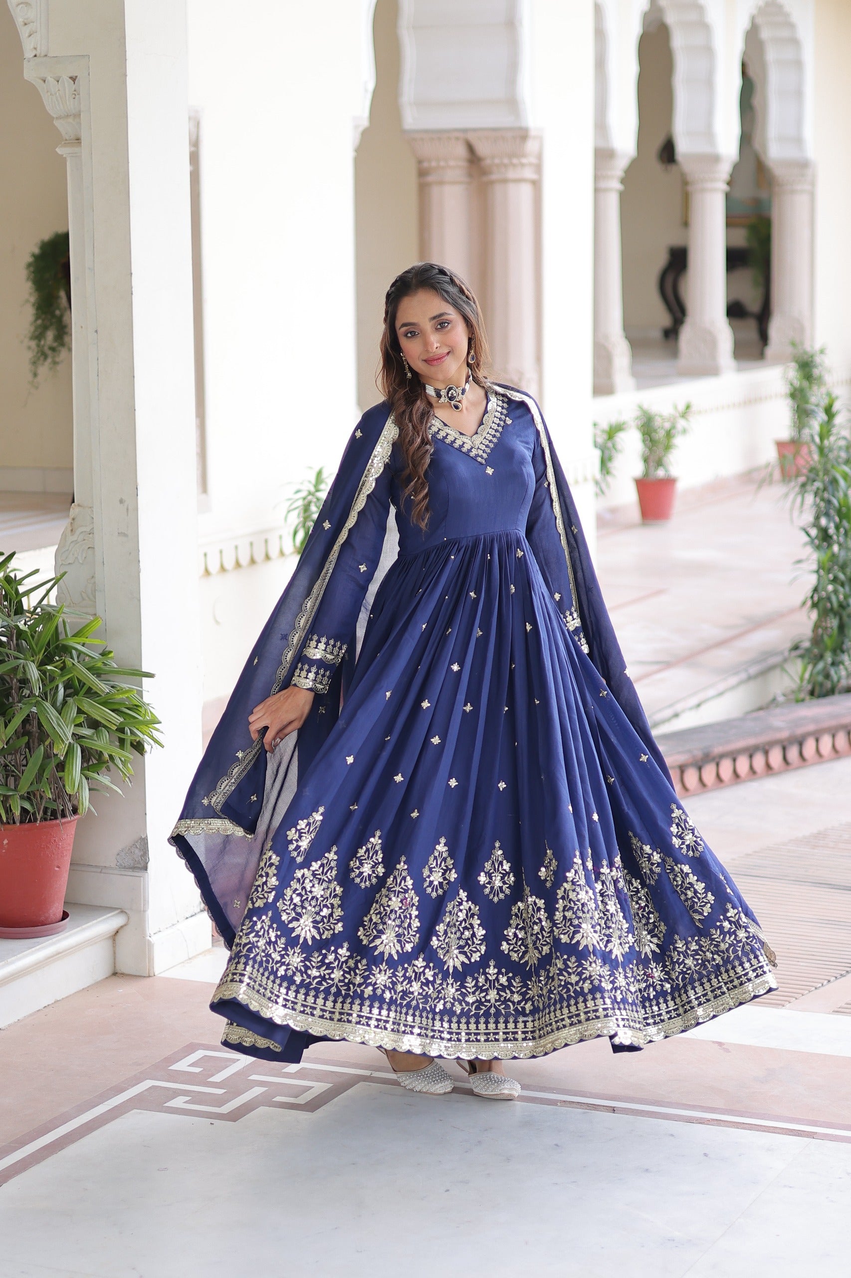 Prazu Fashion Blue Vichitra Silk Rich Sequins Embroidered Work Gown With Dupatta - Distacart