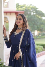 Thumbnail for Prazu Fashion Blue Vichitra Silk Rich Sequins Embroidered Work Gown With Dupatta - Distacart