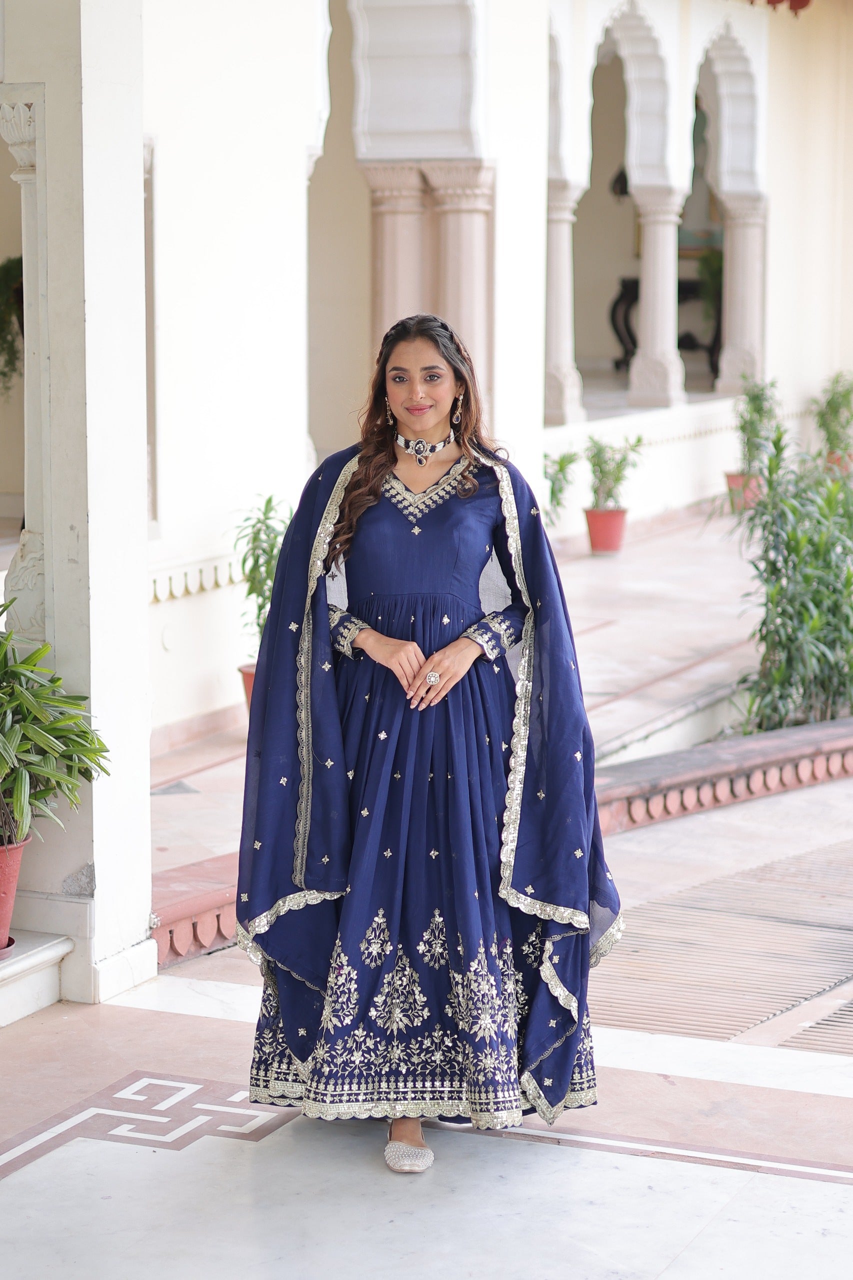 Prazu Fashion Blue Vichitra Silk Rich Sequins Embroidered Work Gown With Dupatta - Distacart