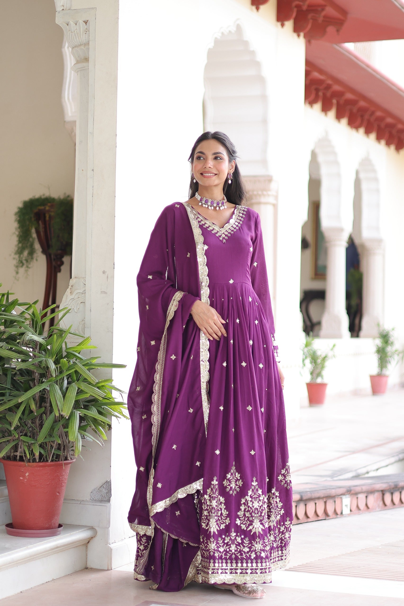Prazu Fashion Wine Vichitra Silk Rich Sequins Embroidered Work Gown With Dupatta - Distacart