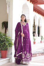 Thumbnail for Prazu Fashion Wine Vichitra Silk Rich Sequins Embroidered Work Gown With Dupatta - Distacart