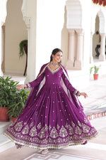 Thumbnail for Prazu Fashion Wine Vichitra Silk Rich Sequins Embroidered Work Gown With Dupatta - Distacart
